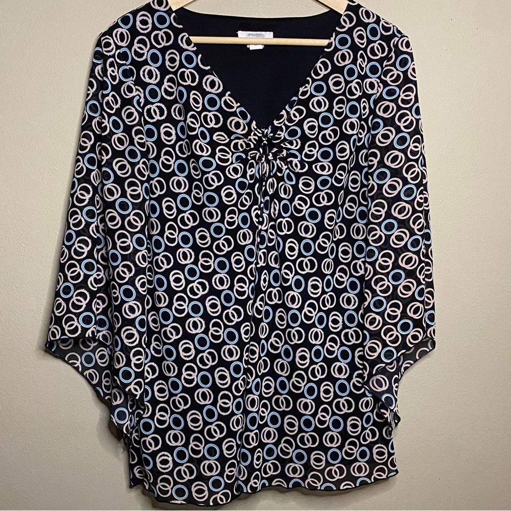 Dressbarn Blouse Womens 14/16 Black Blue Pink Circles Lined Batwing Sleeves